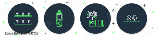 Set line Portable sensor, Smart farming technology, Automatic irrigation sprinklers and Plant icon. Vector