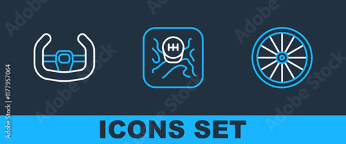 Set line Car wheel, Sport steering and Gear shifter icon. Vector