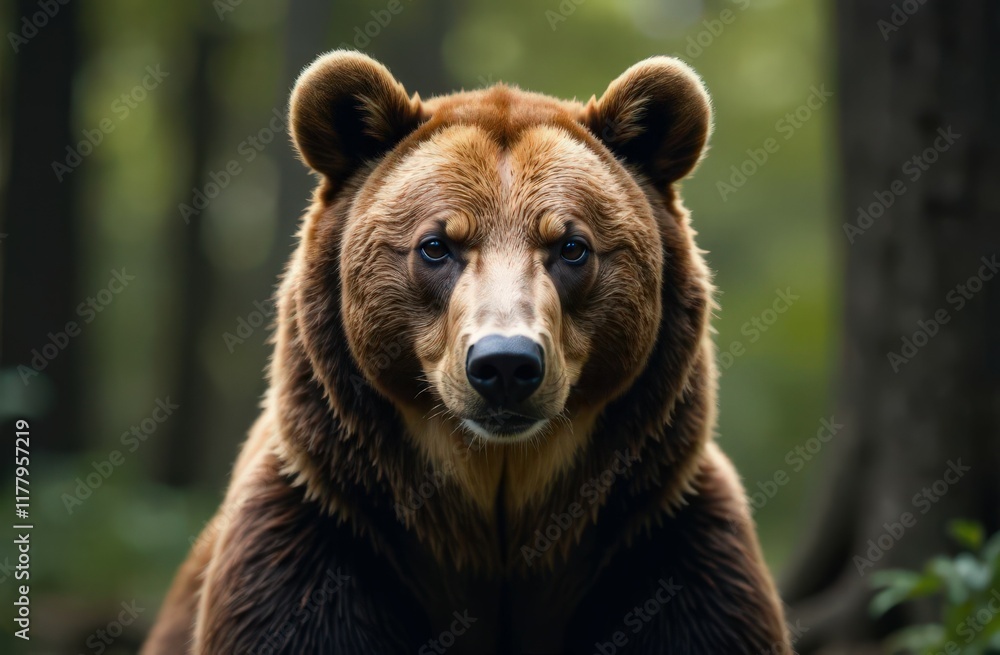 Portrait of big brown bear Ursus arctos, photorealistic close-up. Blurred green forest on background. Types of animals concept. Wildlife and fauna Portrait of big brown bear Ursus arctos, photorealistic close-up. Blurred green forest on background. Types of animals concept. Wildlife and fauna