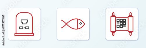 Set line Decree, paper, parchment, scroll, Tombstone with RIP written and Christian fish icon. Vector