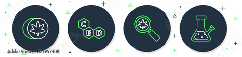 Set line Cannabis molecule, Magnifying glass and marijuana, Herbal ecstasy tablets and Glass bong for smoking cannabis icon. Vector