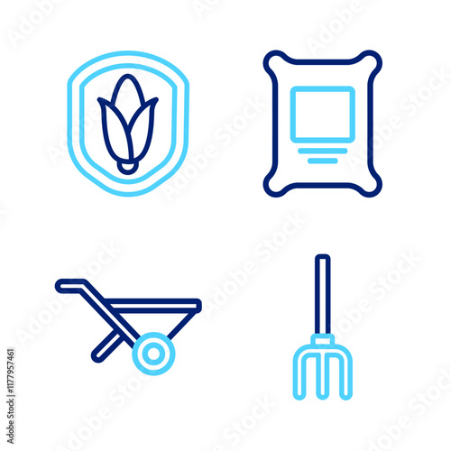 Set line Garden pitchfork, Wheelbarrow, Fertilizer bag and Shield corn icon. Vector