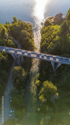 Aerial view of the bridge over the river in Villa Langostura photo