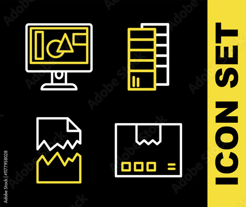 Set line Pantone, Carton cardboard box, Torn document and Computer monitor screen icon. Vector