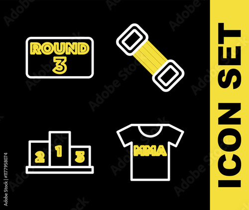 Set line Chest expander, T-shirt with fight club MMA, Award over sports winner podium and Boxing ring board icon. Vector