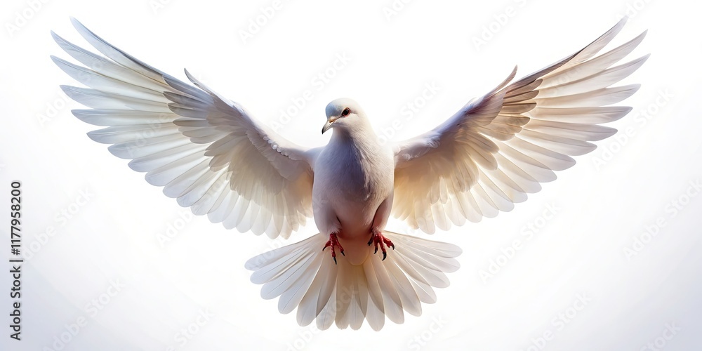 Obraz premium A peaceful white dove silhouette soars, isolated against a bright white background, symbolizing freedom.