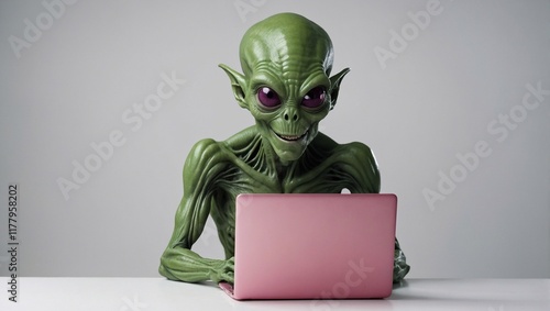 Alien freelancer, works on laptop. Remote work, online shopping