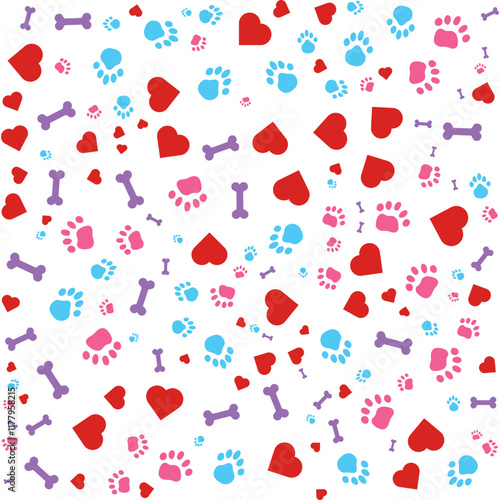Dog Paw Cat Paw heart love puppy foot print kitten valentine vector Seamless Pattern wallpaper