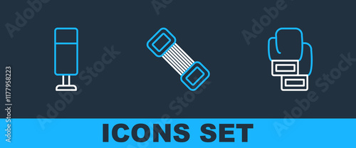 Set line Boxing glove, Punching bag and Chest expander icon. Vector