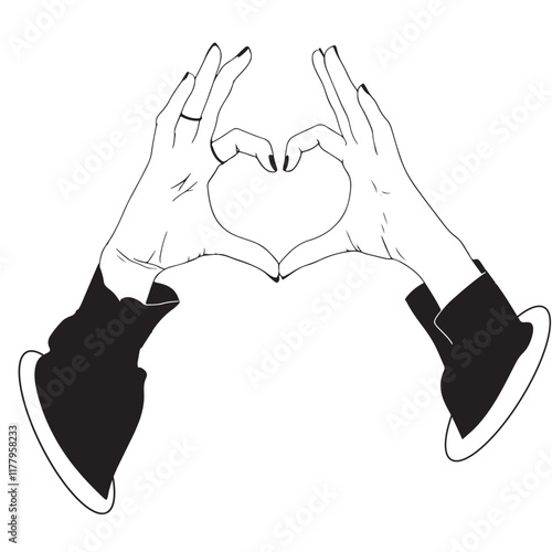 Two hands forming a heart shape. Hand silhouettes making a hand heart gesture. Black silhouettes on transparent background