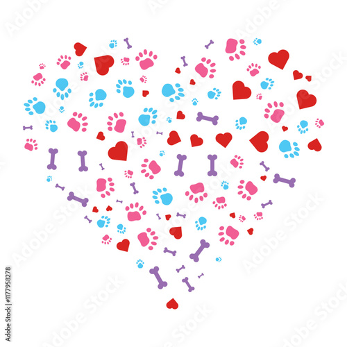 Dog paw, love and bone print heart icon illustration