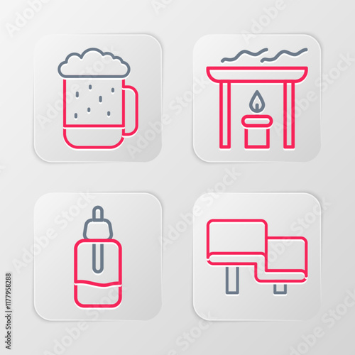 Set line Sauna wood bench, Essential oil bottle, Aroma candle and Wooden beer mug icon. Vector