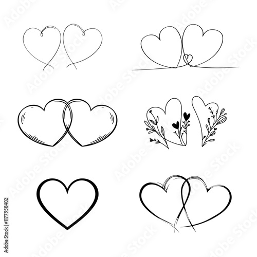 Heart icon sketch doodle illustration set. Black and white collection. Romantic Heart bonds. Feeling love. Silhouette of blank heart. Everlasting beating heart.