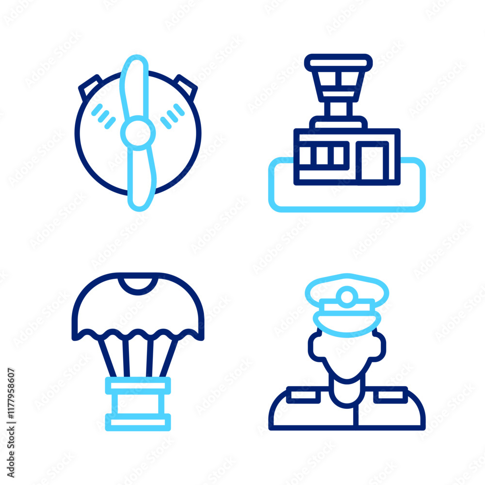 Set line Pilot, Box flying on parachute, Airport control tower and Plane propeller icon. Vector Set line Pilot, Box flying on parachute, Airport control tower and Plane propeller icon. Vector