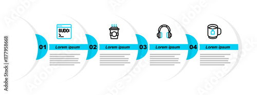 Set line Cup of tea with tea bag, Headphones, Coffee cup to go and Code terminal icon. Vector