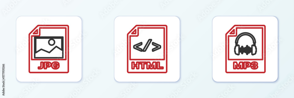 Set line MP3 file document, JPG and HTML icon. Vector Set line MP3 file document, JPG and HTML icon. Vector