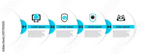 Set line Cat, Animal health insurance, and Clinical record pet on monitor icon. Vector
