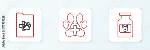 Set line Dog medicine bottle, Clinical record pet and Veterinary clinic icon. Vector