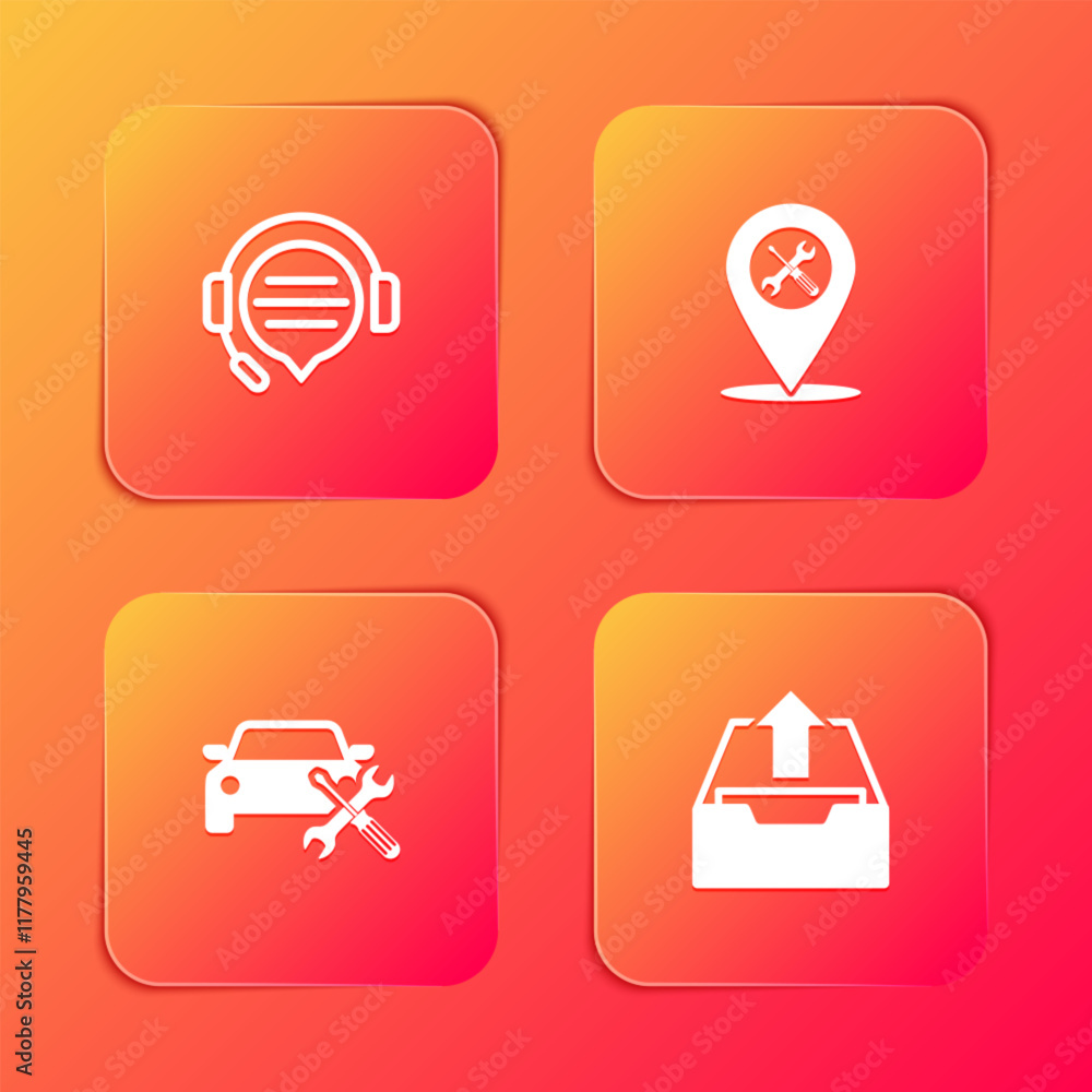 Set Headphones with speech bubble chat, Location service, Car and Upload inbox icon. Vector Set Headphones with speech bubble chat, Location service, Car and Upload inbox icon. Vector