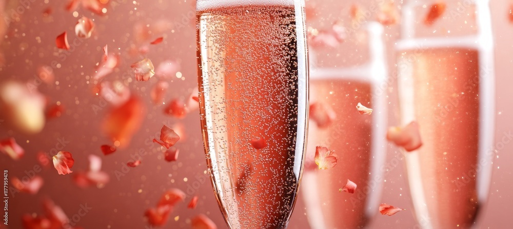 Fototapeta premium Blurred Champagne Glasses with Falling Petals Romantic Celebration Background in Warm Tones.