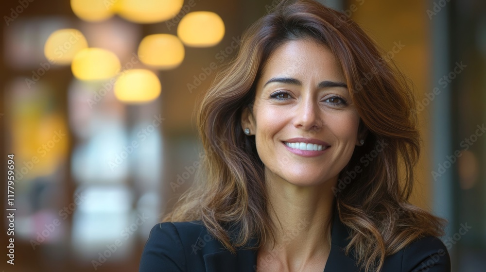 Smiling Hispanic Businesswoman with Blurred Background, suitable for corporate and professional settings Smiling Hispanic Businesswoman with Blurred Background, suitable for corporate and professional settings