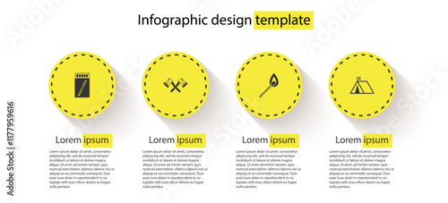 Set Open matchbox and matches, Crossed wooden axe, Burning with fire and Tourist tent flag. Business infographic template. Vector