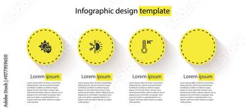 Set UV protection, Sun and snowflake, Meteorology thermometer and Rainbow with sun. Business infographic template. Vector