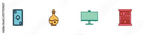 Set Playing card with diamonds, Bottle magic elixir, Computer monitor and Game guide icon. Vector