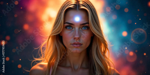 A fair-skinned young woman with long blonde hair, blue eyes, and a blue third eye in the middle of her forehead due to enlightenment.