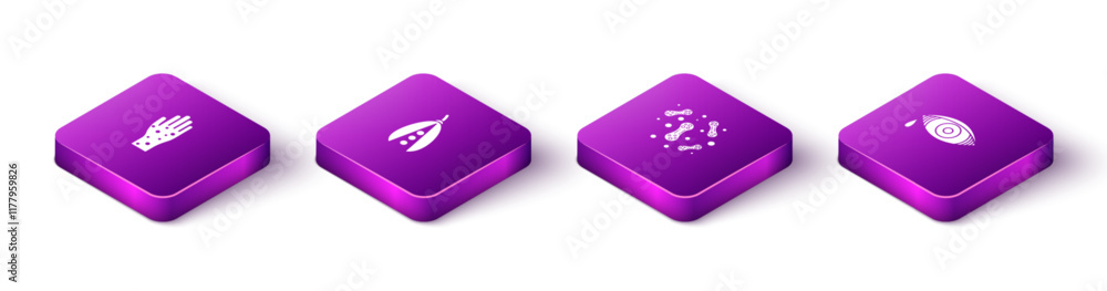 Set Isometric Hand with psoriasis or eczema, Kidney beans, Bacteria and Reddish eye allergic conjunctivitis icon. Vector Set Isometric Hand with psoriasis or eczema, Kidney beans, Bacteria and Reddish eye allergic conjunctivitis icon. Vector