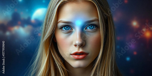 A fair-skinned young woman with long blonde hair, blue eyes, and a blue third eye in the middle of her forehead due to enlightenment.