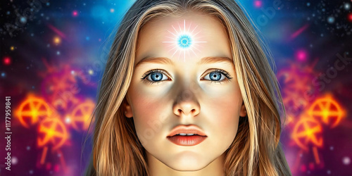 A fair-skinned young woman with long blonde hair, blue eyes, and a blue third eye in the middle of her forehead due to enlightenment. photo