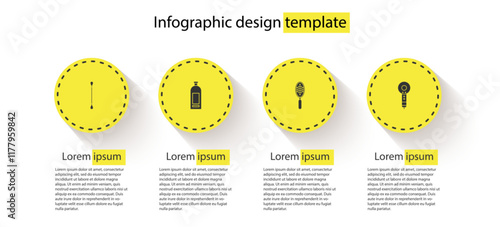 Set Cotton swab for ears, Bottle of shampoo, Hairbrush and dryer. Business infographic template. Vector