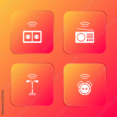 Set Smart electrical outlet, radio, street light and Robot vacuum cleaner icon. Vector