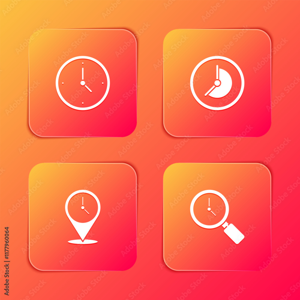 Set Clock, , Location with clock and Magnifying glass icon. Vector Set Clock, , Location with clock and Magnifying glass icon. Vector