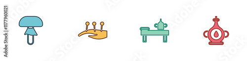 Set Mushroom, Acupuncture therapy, Massage table with oil and Oil bottle icon. Vector
