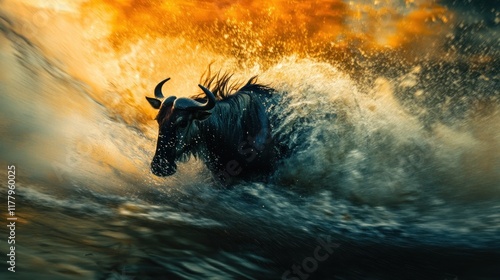 Wildebeest River Crossing at Sunset: A Dramatic Wildlife Scene photo