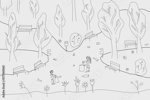 Vector hand drawn illustration of people picking up trash in the park. Hand drawing, sketch, illustration. Park with trees and benches. Environmental protection, activists, earth protection.