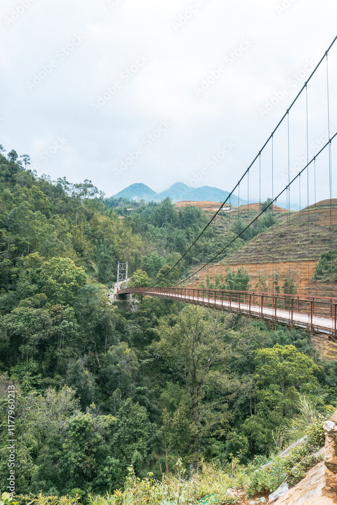 Obraz premium Sa Pa, Vietnam. Lush Green Suspension Bridge Pathway