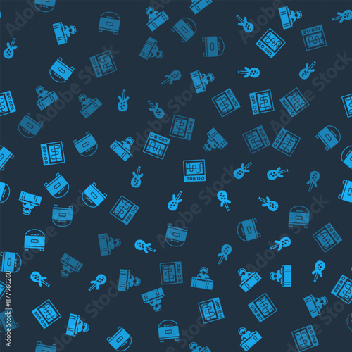 Set DJ playing music, Electric bass guitar, Oscilloscope and Stereo speaker on seamless pattern. Vector