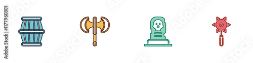 Set Gun powder barrel, Medieval poleaxe, Grave with tombstone and chained mace ball icon. Vector