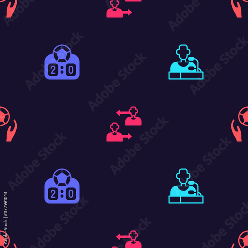 Set Football player press conference, Sport mechanical scoreboard, Substitution football and Soccer on seamless pattern. Vector