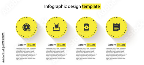 Set Weight plate, Sweaty sleeveless t-shirt, Energy drink and Sport training program. Business infographic template. Vector