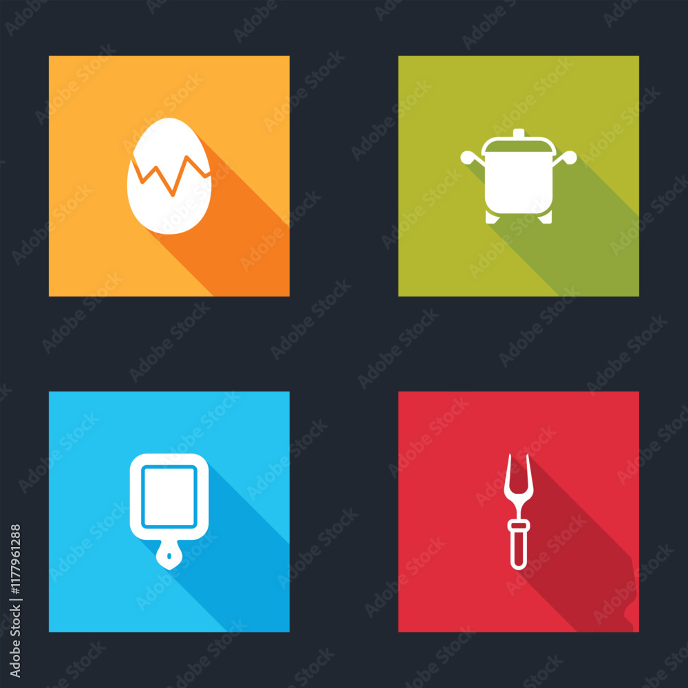 Set Broken egg, Cooking pot, Cutting board and Barbecue fork icon. Vector Set Broken egg, Cooking pot, Cutting board and Barbecue fork icon. Vector