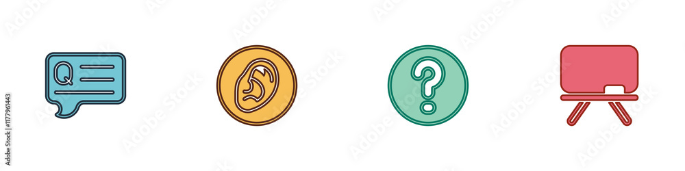 Obraz premium Set Speech bubbles with Question, Ear listen sound signal, and Chalkboard icon. Vector