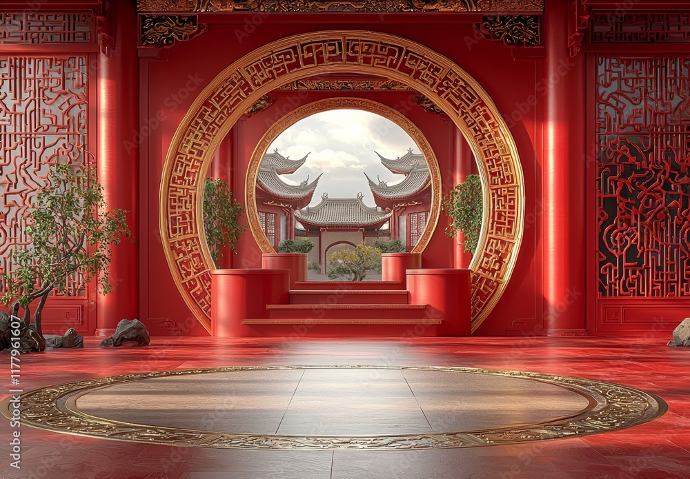 Obraz premium Modern red-themed Chinese New Year product showcase on three podiums with a golden ring frame and China pattern background, embodying holiday festival traditions. 3D illustration render graphic