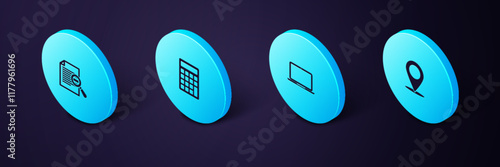 Set Isometric Map pin, Laptop, Calculator and Document with search icon. Vector