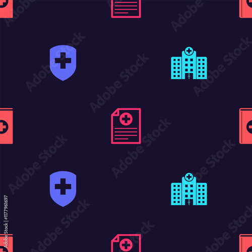 Set Medical hospital building, shield with cross, Clinical record and book on seamless pattern. Vector