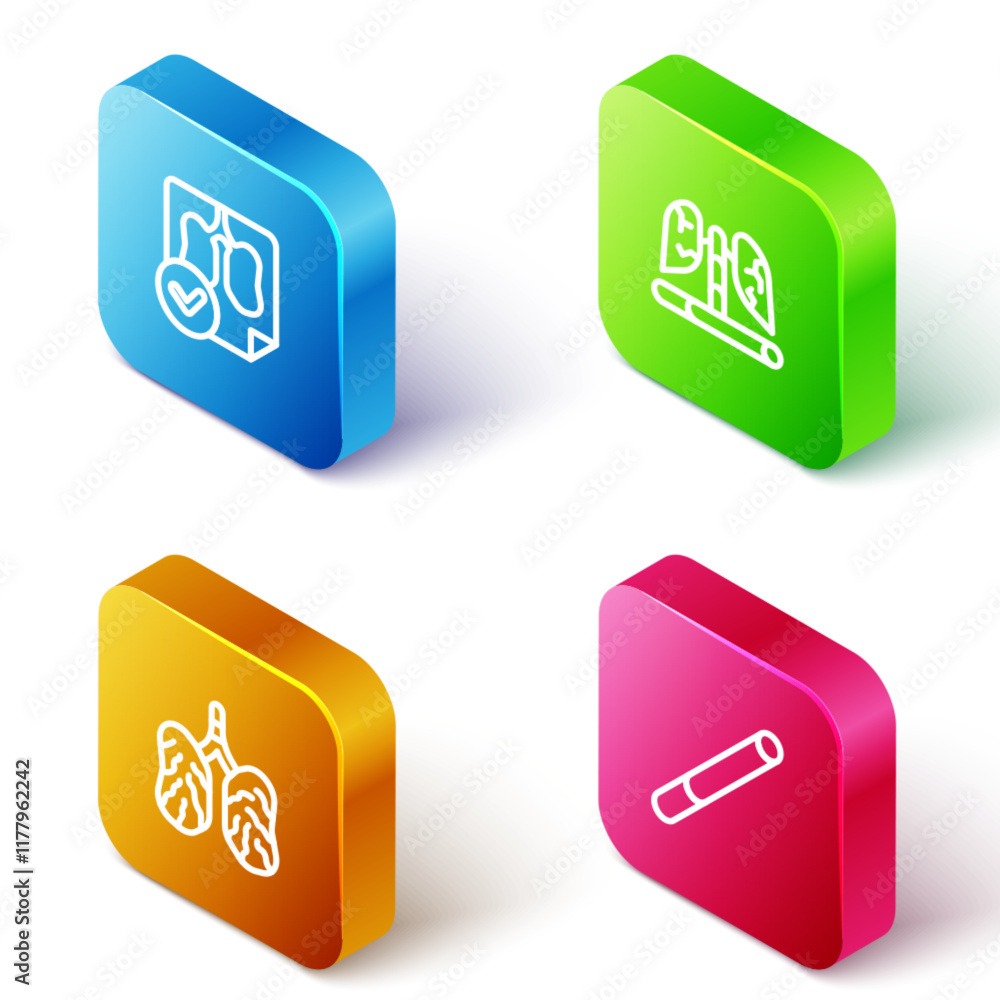 Set Isometric line Lungs x-ray diagnostics, Disease lungs, and Cigarette icon. Vector Set Isometric line Lungs x-ray diagnostics, Disease lungs, and Cigarette icon. Vector