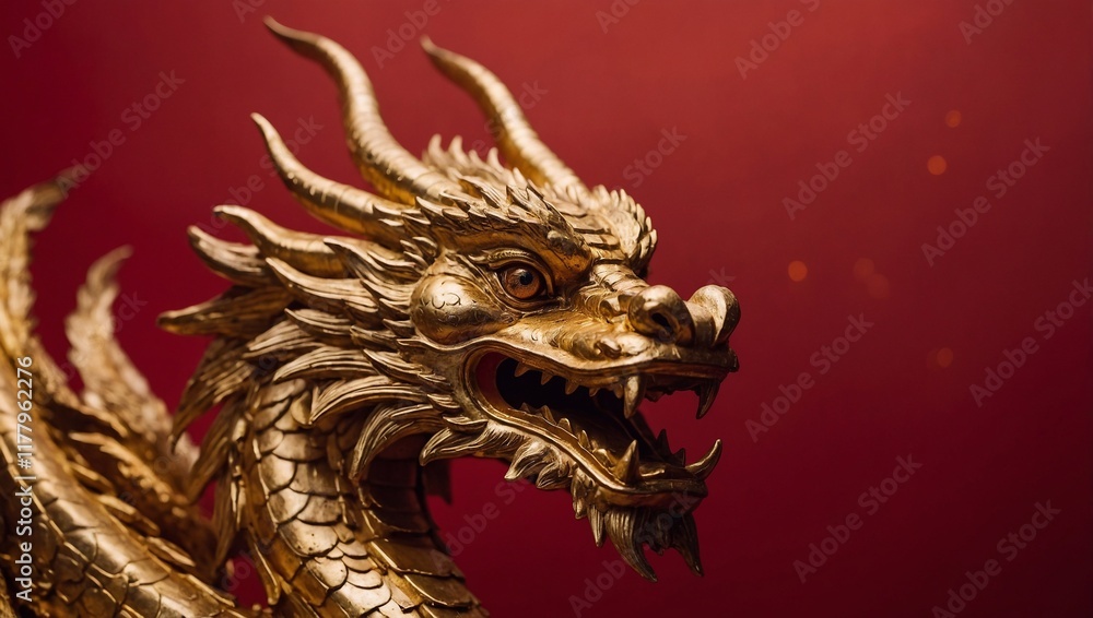 Fototapeta premium Golden dragon on red background. Symbol of Chinese New Year, place for text